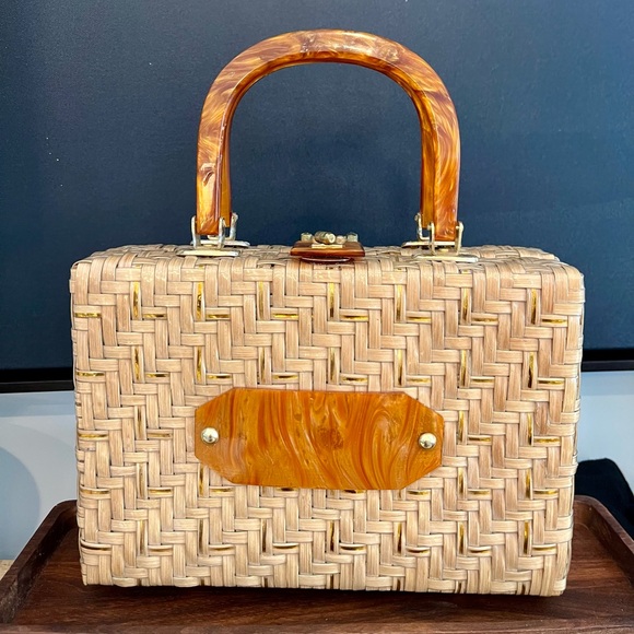 british hong kong Handbags - VINTAGE MCM 60s WOVEN COATED WICKER STRAW AND LUCITE BASKET PURSE HANDBAG